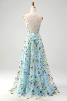 Blau Blumen A Linie Spaghettiträger Korsett Langes Ballkleid mit Schlitz