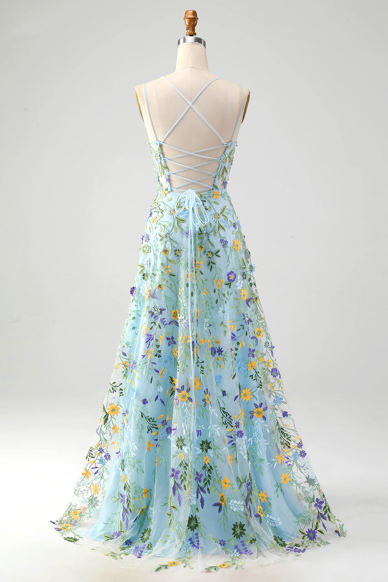 Laden Sie das Bild in den Galerie-Viewer, Blau Blumen A Linie Spaghettiträger Korsett Langes Ballkleid mit Schlitz