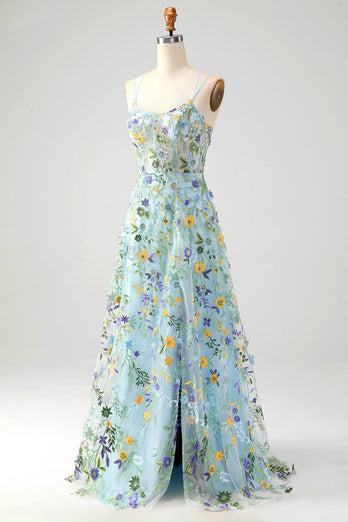 Blau Blumen A Linie Spaghettiträger Korsett Langes Ballkleid mit Schlitz
