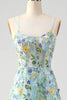 Laden Sie das Bild in den Galerie-Viewer, Blau Blumen A Linie Spaghettiträger Korsett Langes Ballkleid mit Schlitz