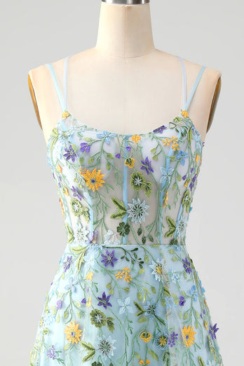 Blau Blumen A Linie Spaghettiträger Korsett Langes Ballkleid mit Schlitz