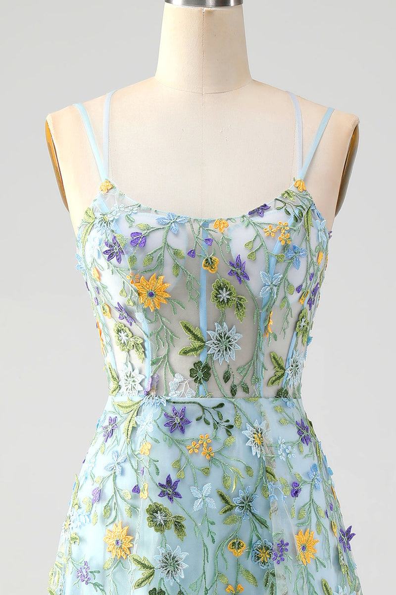 Laden Sie das Bild in den Galerie-Viewer, Blau Blumen A Linie Spaghettiträger Korsett Langes Ballkleid mit Schlitz