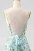 Laden Sie das Bild in den Galerie-Viewer, Blau Blumen A Linie Spaghettiträger Korsett Langes Ballkleid mit Schlitz