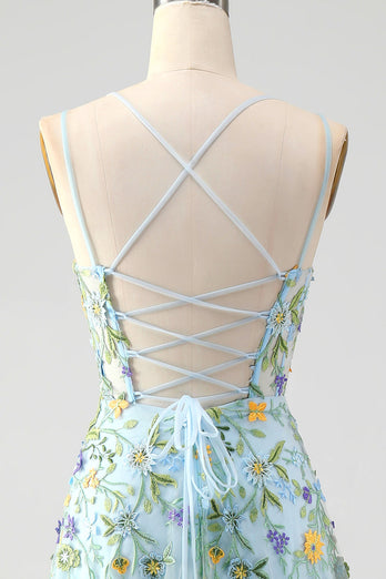 Blau Blumen A Linie Spaghettiträger Korsett Langes Ballkleid mit Schlitz