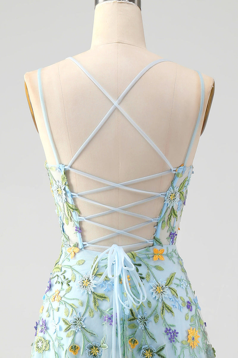 Laden Sie das Bild in den Galerie-Viewer, Blau Blumen A Linie Spaghettiträger Korsett Langes Ballkleid mit Schlitz