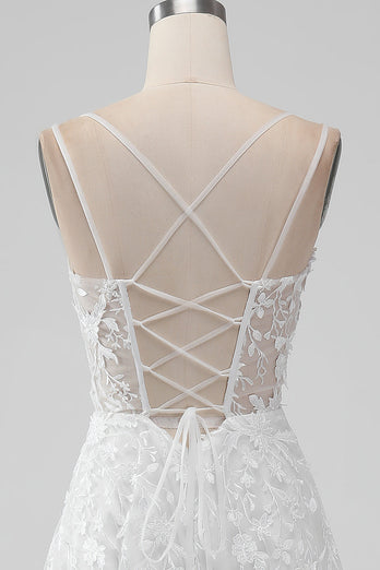 Elfenbein A Linie Spaghettiträger Applikation Spitze Korsett Brautkleid mit Schlitz