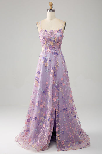 Mauve A Linie Spaghettiträger Korset Langes Ballkleid mit Applikationen