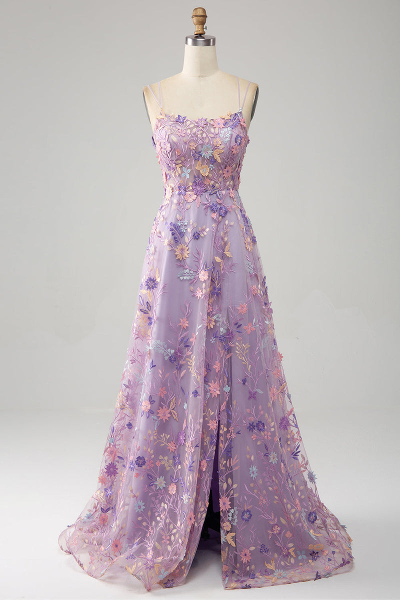 Laden Sie das Bild in den Galerie-Viewer, Mauve A Linie Spaghettiträger Korset Langes Ballkleid mit Applikationen