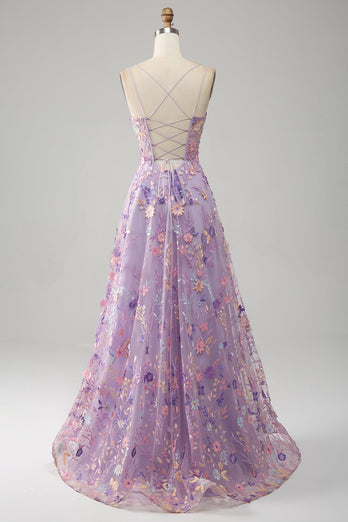 Mauve A Linie Spaghettiträger Korset Langes Ballkleid mit Applikationen