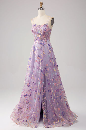 Mauve A Linie Spaghettiträger Korset Langes Ballkleid mit Applikationen