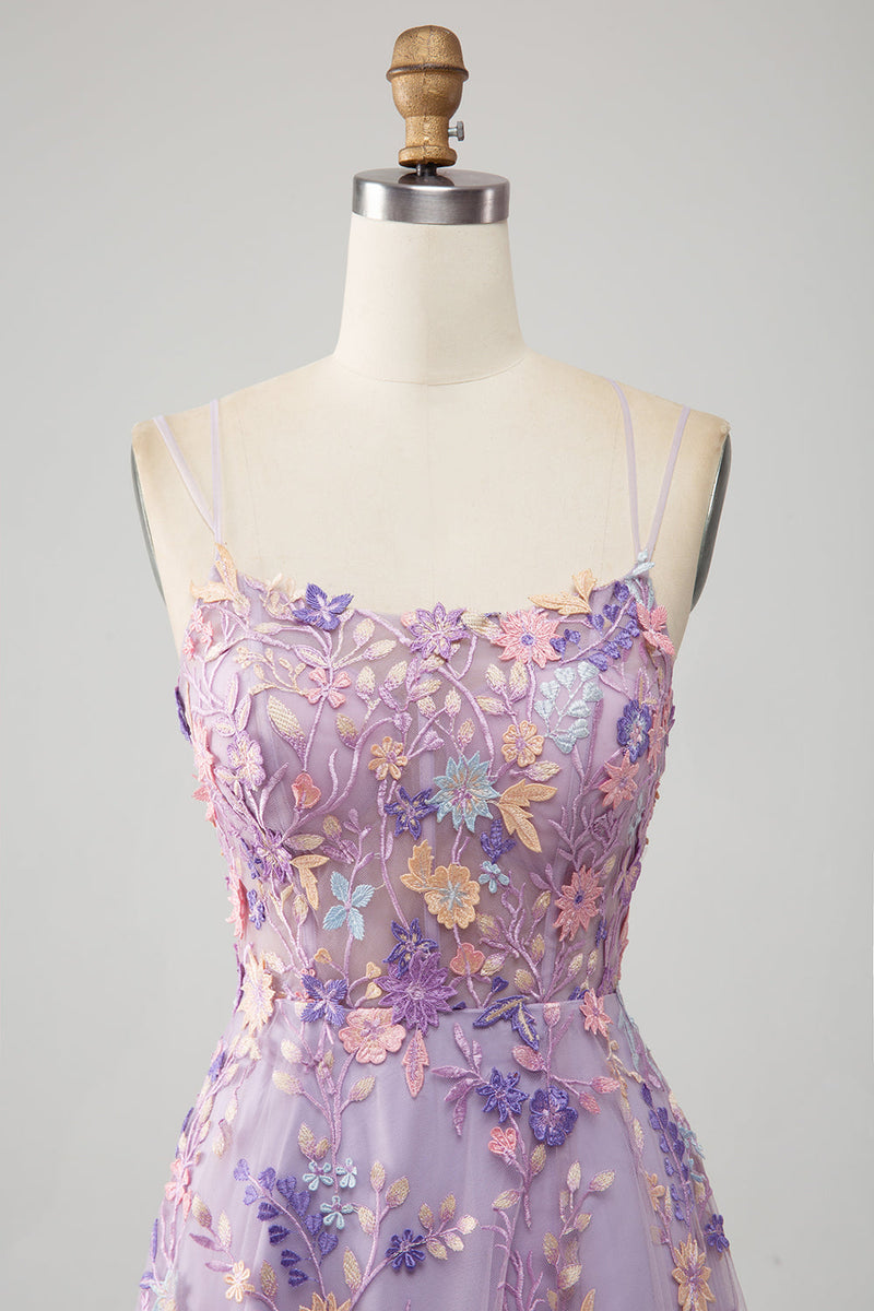 Laden Sie das Bild in den Galerie-Viewer, Mauve A Linie Spaghettiträger Korset Langes Ballkleid mit Applikationen