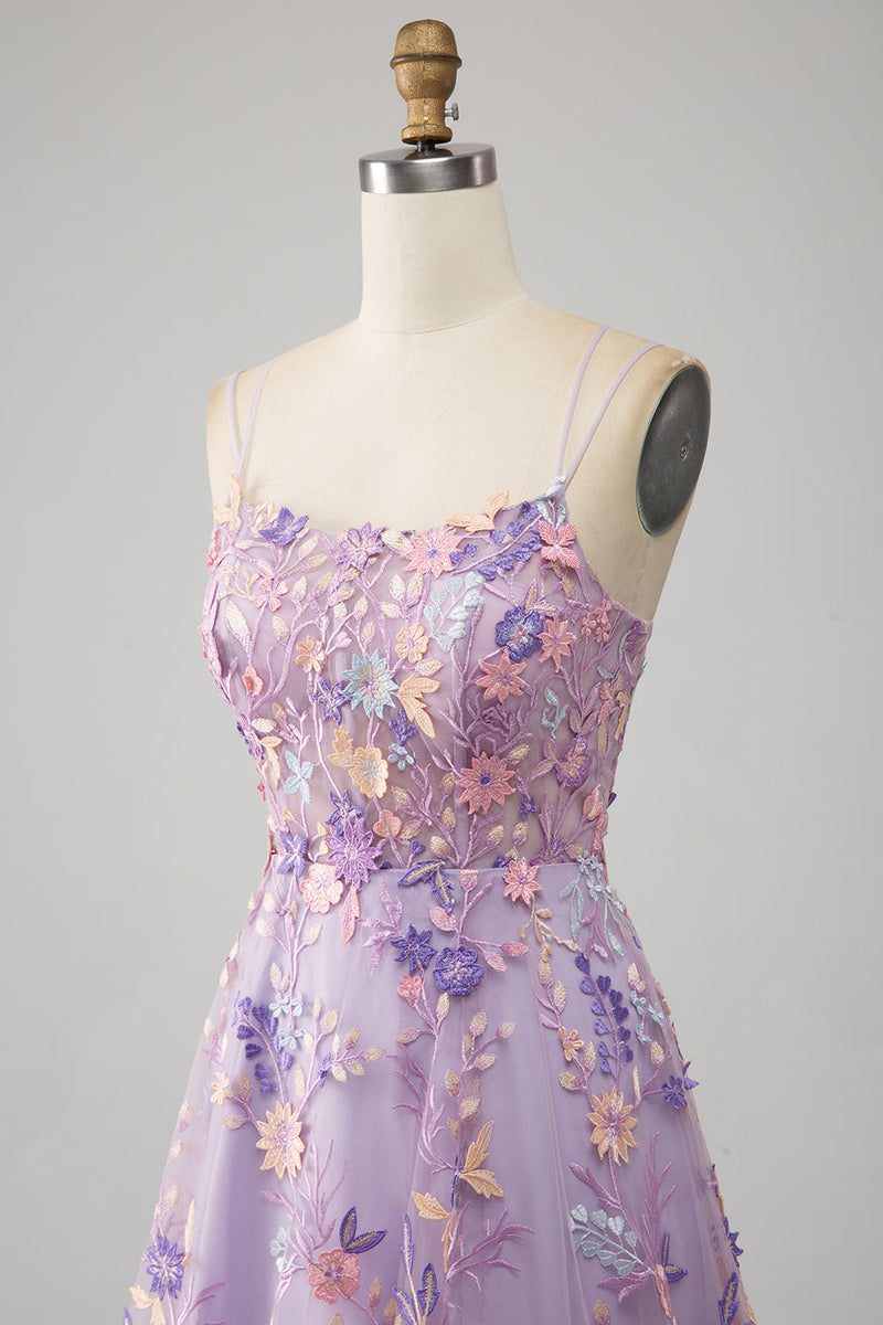 Laden Sie das Bild in den Galerie-Viewer, Mauve A Linie Spaghettiträger Korset Langes Ballkleid mit Applikationen