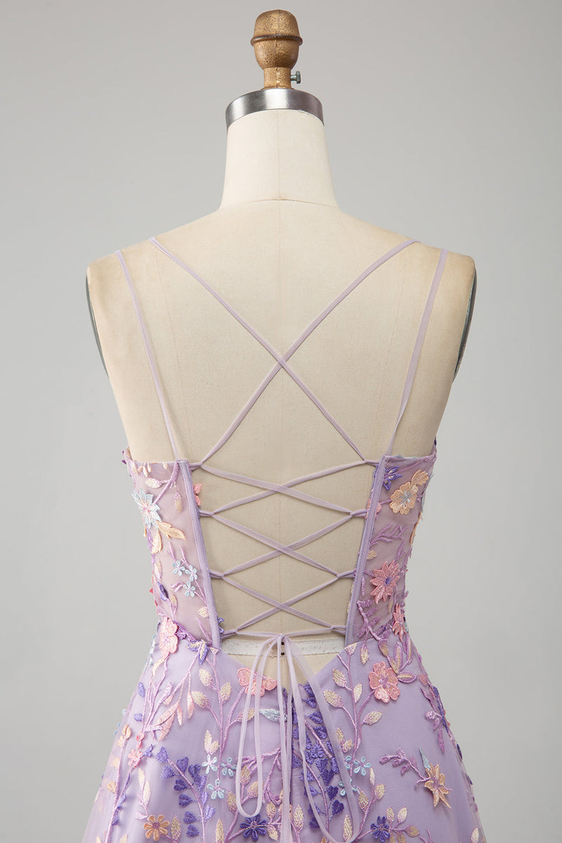 Laden Sie das Bild in den Galerie-Viewer, Mauve A Linie Spaghettiträger Korset Langes Ballkleid mit Applikationen