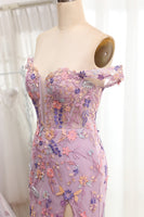 Laden Sie das Bild in den Galerie-Viewer, Meerjungfrau Mauve Schulterfreies Korsett Ballkleider mit Schlitz und Applikationen