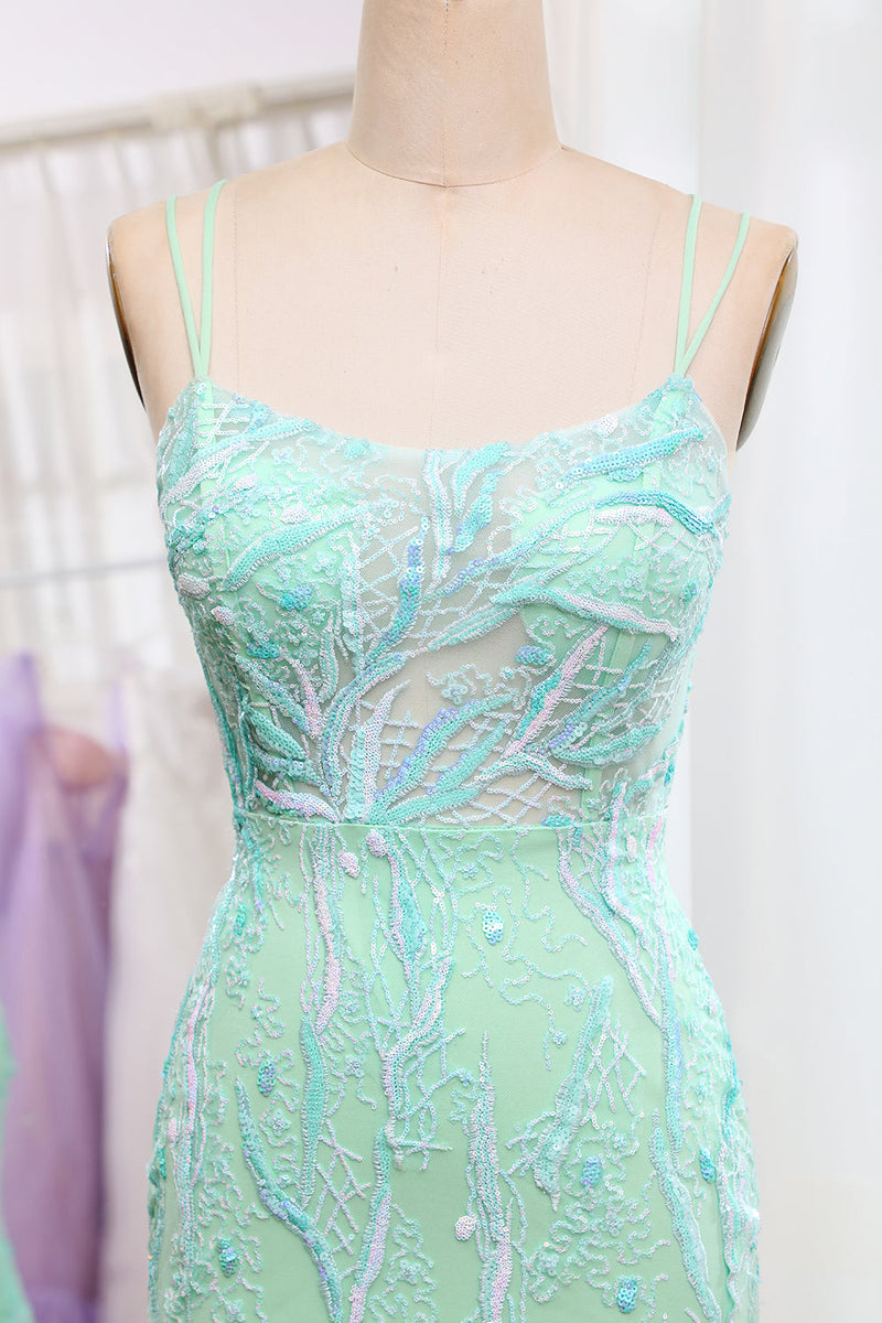 Laden Sie das Bild in den Galerie-Viewer, Grün Meerjungfrau Pailletten Schnürrücken Ballkleid mit Schlitz