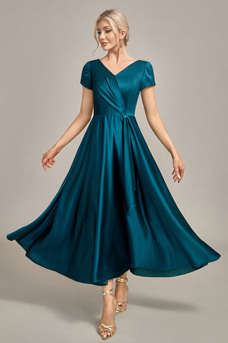Damen Pfauengrünes Satin Brautjungfernkleid mit V-Ausschnitt A-Linien Plissee Hochzeitsgast Kleid
