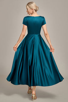 Pfauengrünes Satin A-Linie Maxi Plissiertes Brautjungfernkleid mit V-Ausschnitt