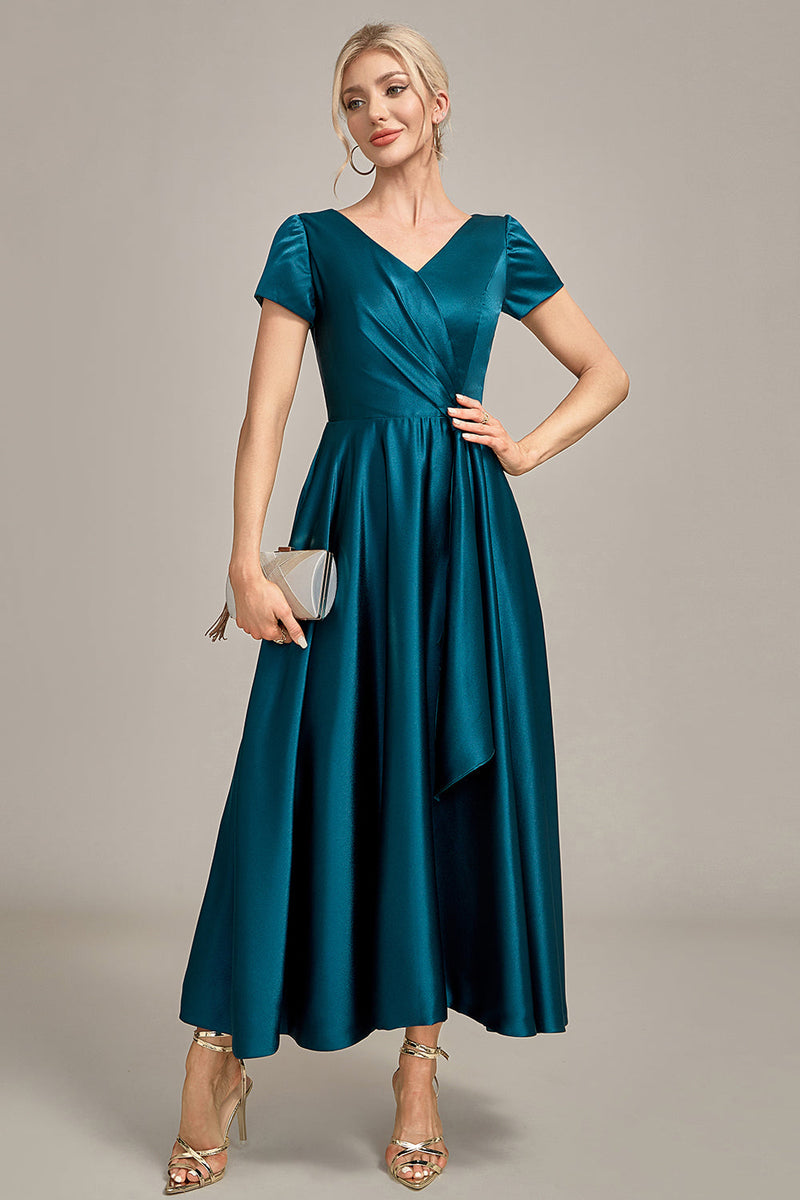 Laden Sie das Bild in den Galerie-Viewer, Pfauengrünes Satin A-Linie Maxi Plissiertes Brautjungfernkleid mit V-Ausschnitt