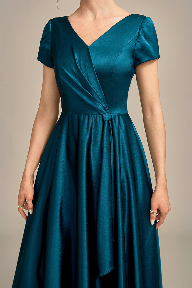 Laden Sie das Bild in den Galerie-Viewer, Pfauengrünes Satin A-Linie Maxi Plissiertes Brautjungfernkleid mit V-Ausschnitt