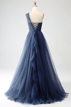 Marineblau A Linie Eine Schulter Tüll Langes Ballkleid mit Schlitz