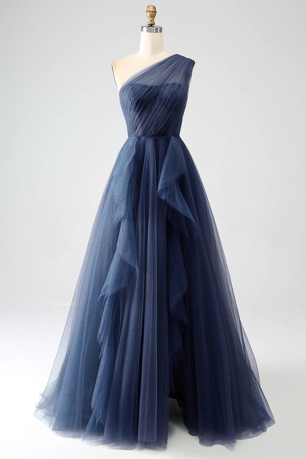 Marineblau A Linie Eine Schulter Tüll Langes Ballkleid mit Schlitz