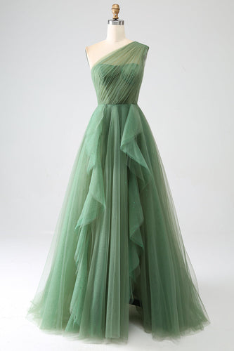 HOMRAIN Damen Dunkelgrünes Tüll Ballkleid A-Linie One-Shoulder Langes Abendkleid