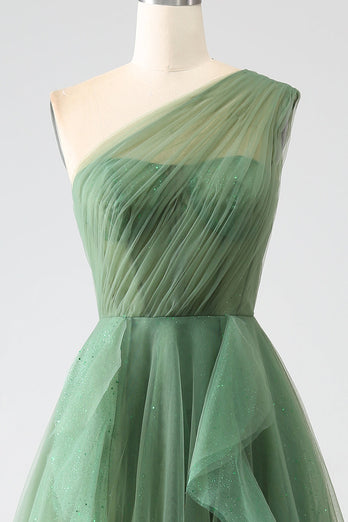 Glitzer Dunkelgrün A Linien Eine Schulter Tüll Langes Ballkleid mit Schlitz