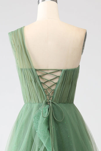 Glitzer Dunkelgrün A Linien Eine Schulter Tüll Langes Ballkleid mit Schlitz