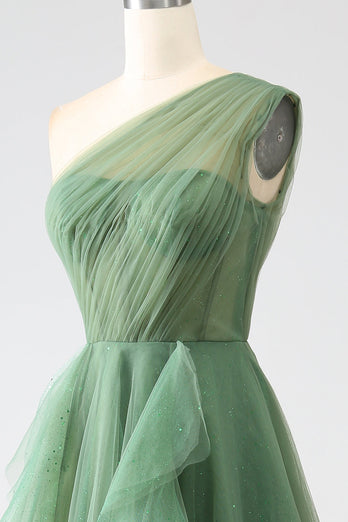 Glitzer Dunkelgrün A Linien Eine Schulter Tüll Langes Ballkleid mit Schlitz