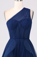 Laden Sie das Bild in den Galerie-Viewer, Marineblau A Linie Eine Schulter Tüll Langes Ballkleid mit Schlitz