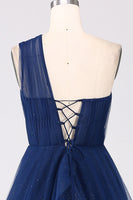 Laden Sie das Bild in den Galerie-Viewer, Marineblau A Linie Eine Schulter Tüll Langes Ballkleid mit Schlitz