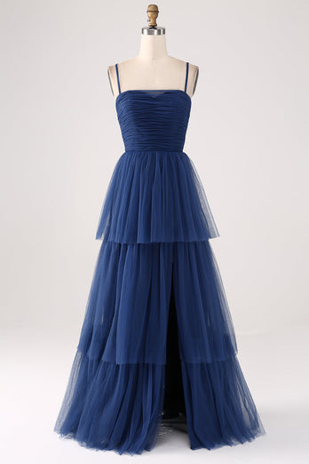 A Line Spaghettiträger Gestuftes Plissiertes Ballkleid aus Tüll mit Schlitz