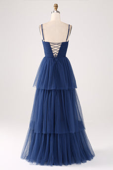 A Line Spaghettiträger Gestuftes Plissiertes Ballkleid aus Tüll mit Schlitz