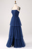 Laden Sie das Bild in den Galerie-Viewer, A Line Spaghettiträger Gestuftes Plissiertes Ballkleid aus Tüll mit Schlitz