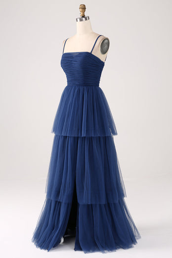 A Line Spaghettiträger Gestuftes Plissiertes Ballkleid aus Tüll mit Schlitz