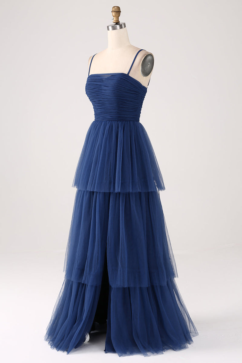 Laden Sie das Bild in den Galerie-Viewer, A Line Spaghettiträger Gestuftes Plissiertes Ballkleid aus Tüll mit Schlitz
