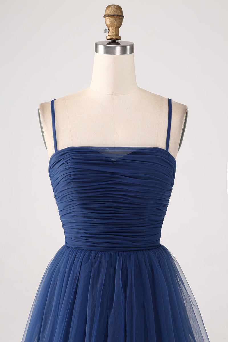 Laden Sie das Bild in den Galerie-Viewer, A Line Spaghettiträger Gestuftes Plissiertes Ballkleid aus Tüll mit Schlitz