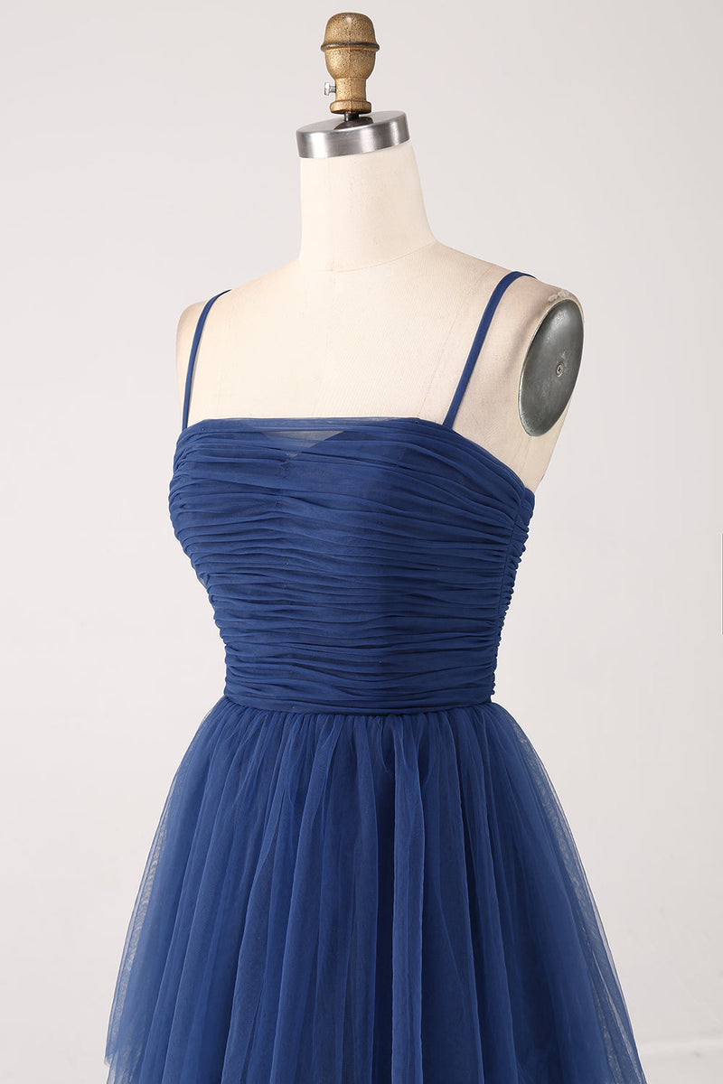 Laden Sie das Bild in den Galerie-Viewer, A Line Spaghettiträger Gestuftes Plissiertes Ballkleid aus Tüll mit Schlitz