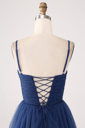A Line Spaghettiträger Gestuftes Plissiertes Ballkleid aus Tüll mit Schlitz