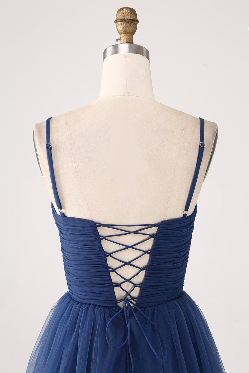 Laden Sie das Bild in den Galerie-Viewer, A Line Spaghettiträger Gestuftes Plissiertes Ballkleid aus Tüll mit Schlitz