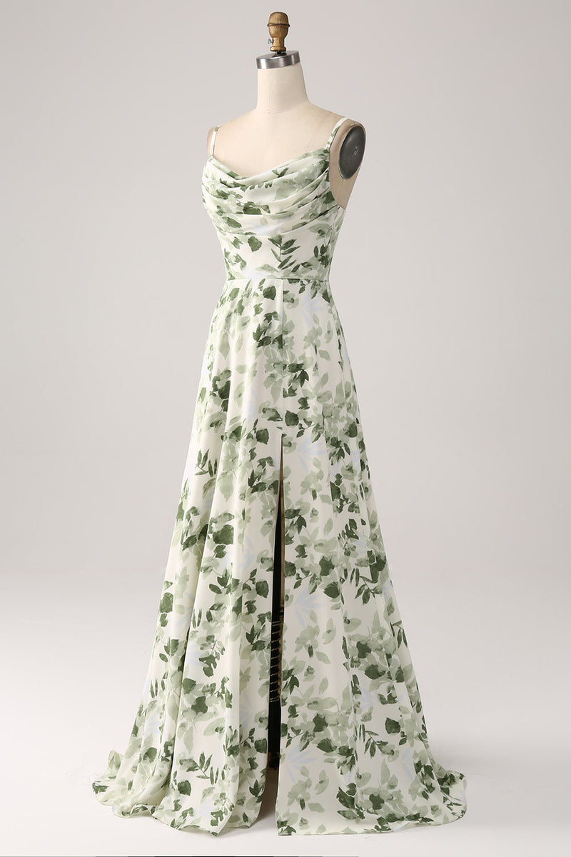 Laden Sie das Bild in den Galerie-Viewer, Wasserfallausschnitt, Grünes Geblümtes A-Linien Ballkleid mit Schlitz
