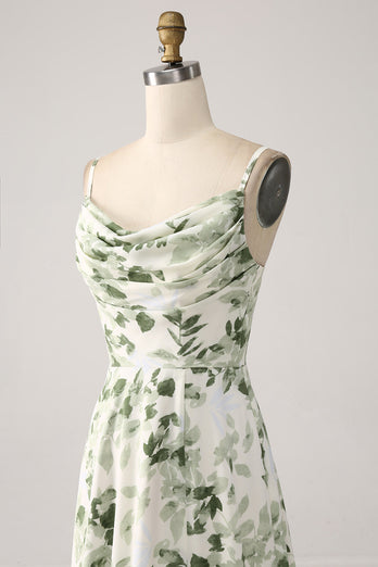 Wasserfallausschnitt, Grünes Geblümtes A-Linien Ballkleid mit Schlitz