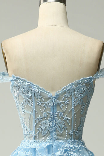 Glitzerndes Schwarzes Schulterfreies Gestuftes Korsett Abendkleid mit Schlitz