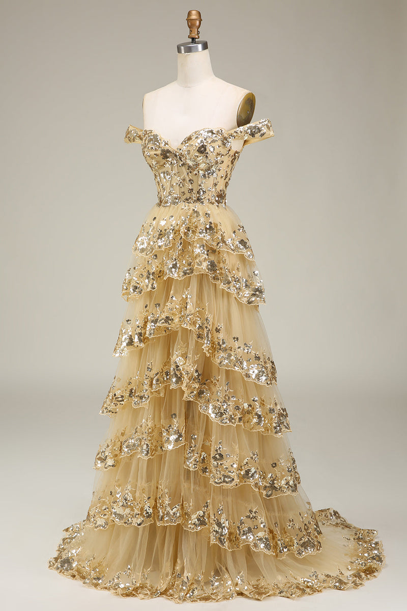 Laden Sie das Bild in den Galerie-Viewer, Gold schulterfreies gestuftes Ballkleid