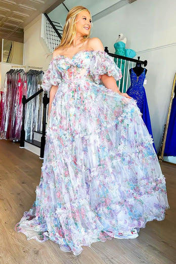 Rotes Schulterfreies Langes Ballkleid mit Blumenmuster und Rüschen