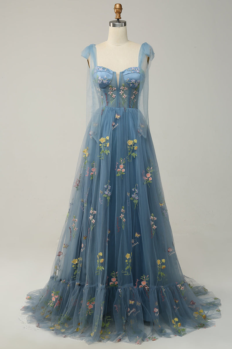 Laden Sie das Bild in den Galerie-Viewer, Homrain Frauen Grau Blau Tüll Korsett Ballkleid A-Linie Spaghettiträger Langes Abendkleider Mit Stickerei