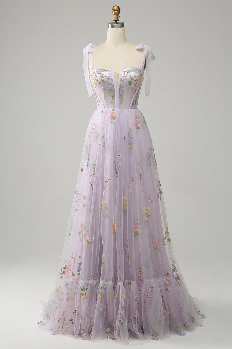 Laden Sie das Bild in den Galerie-Viewer, Homrain Frauen Lavender Tüll Korsett Ballkleid A-Linie Spaghettiträger Langes Abendkleider Mit Stickerei