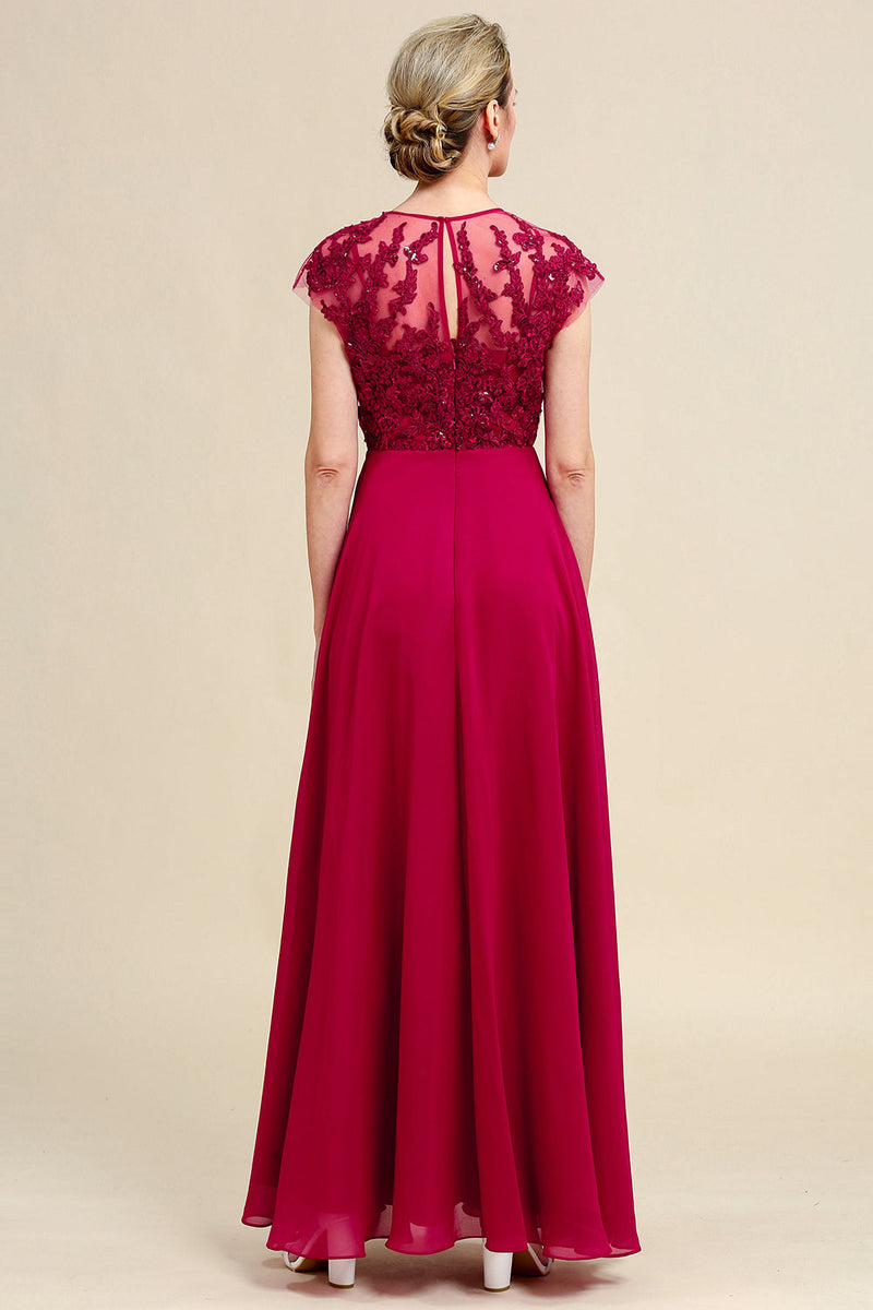 Laden Sie das Bild in den Galerie-Viewer, Burgunder A-Linie Chiffon Kleid für Brautmutter mit Spitze