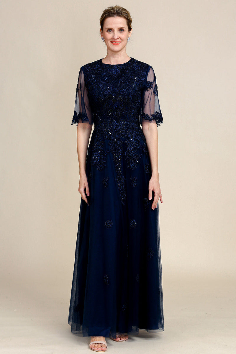 Laden Sie das Bild in den Galerie-Viewer, Glitzerndes marineblaues Brautmutterkleid mit Spitze
