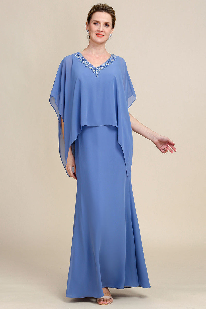 Laden Sie das Bild in den Galerie-Viewer, Graublau Glitzernde Perlen Batwing Ärmel Kleid für die Mutter der Braut